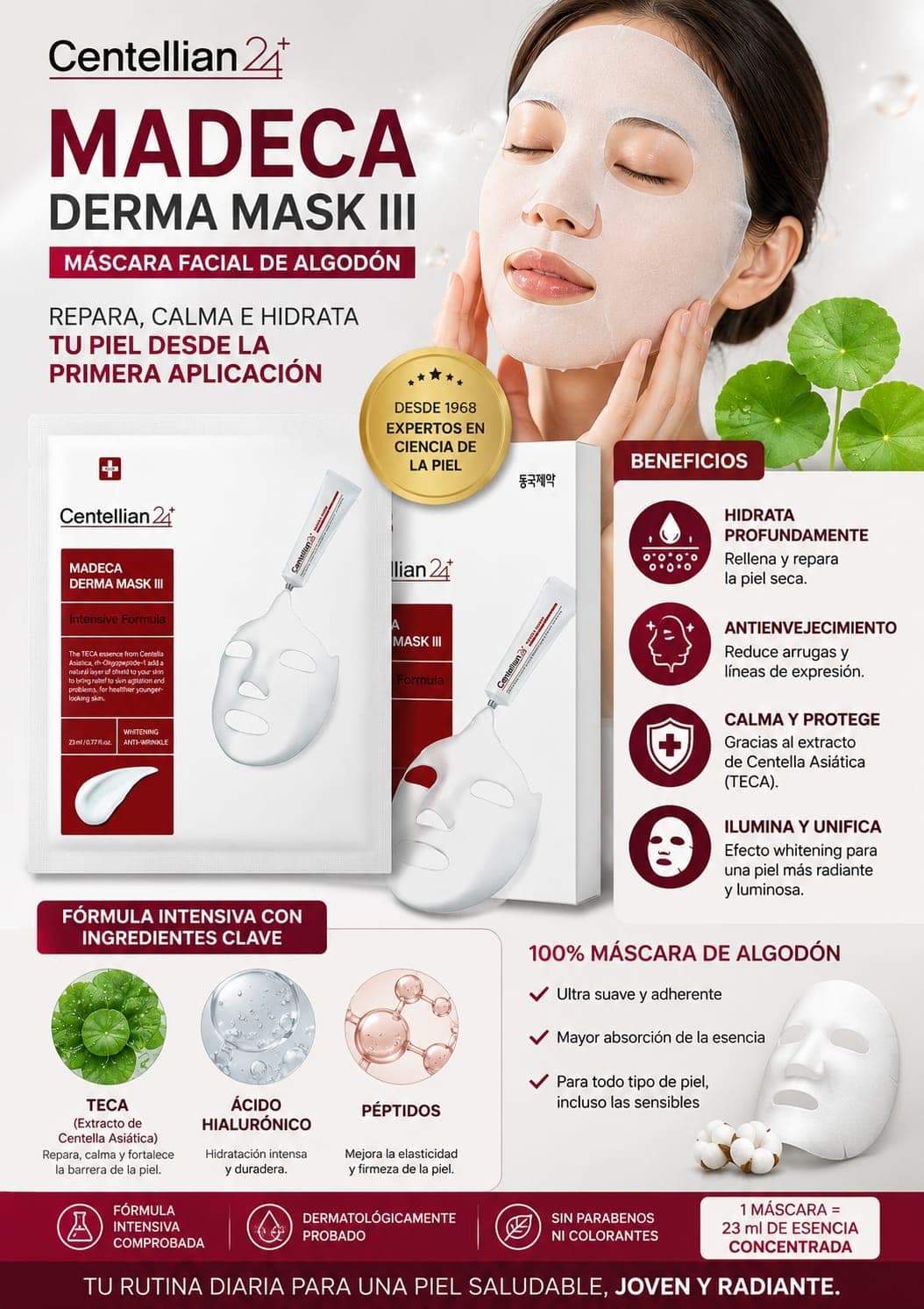Mascarilla facial coreana de algodón que contiene caja 10 pzas/23 ml cu