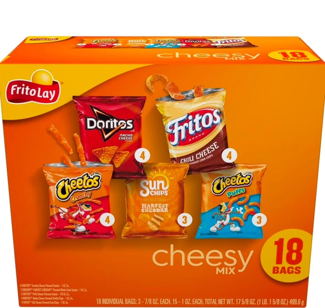 Frito-Lay Cheesy Mix Variety Box 18ct, un paquete surtido de 18 bolsas individuales de botanas con sabor a queso.