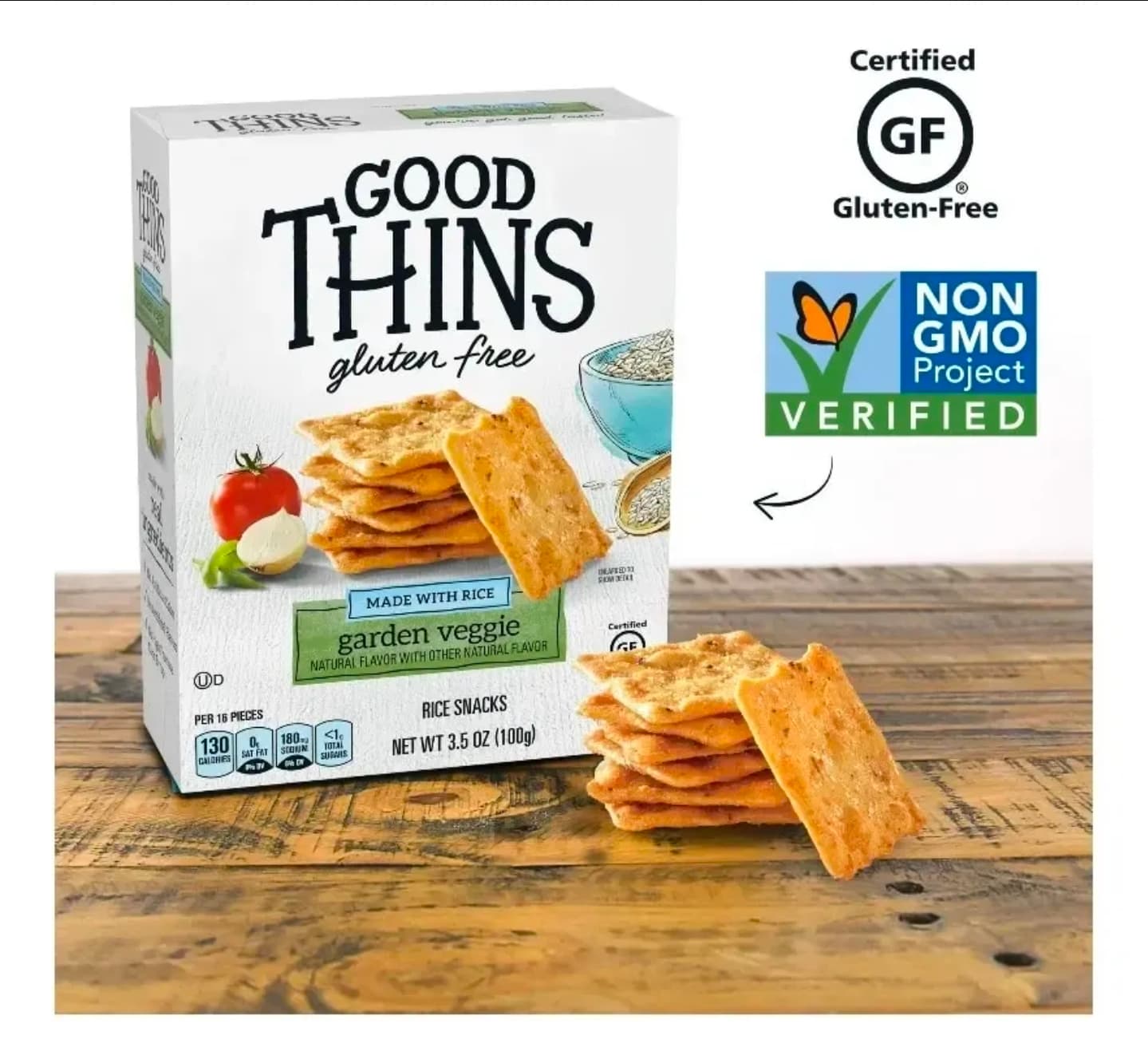 Galletas Good Thins Garden Veggie son snacks de arroz horneados, crujientes y libres de gluten.