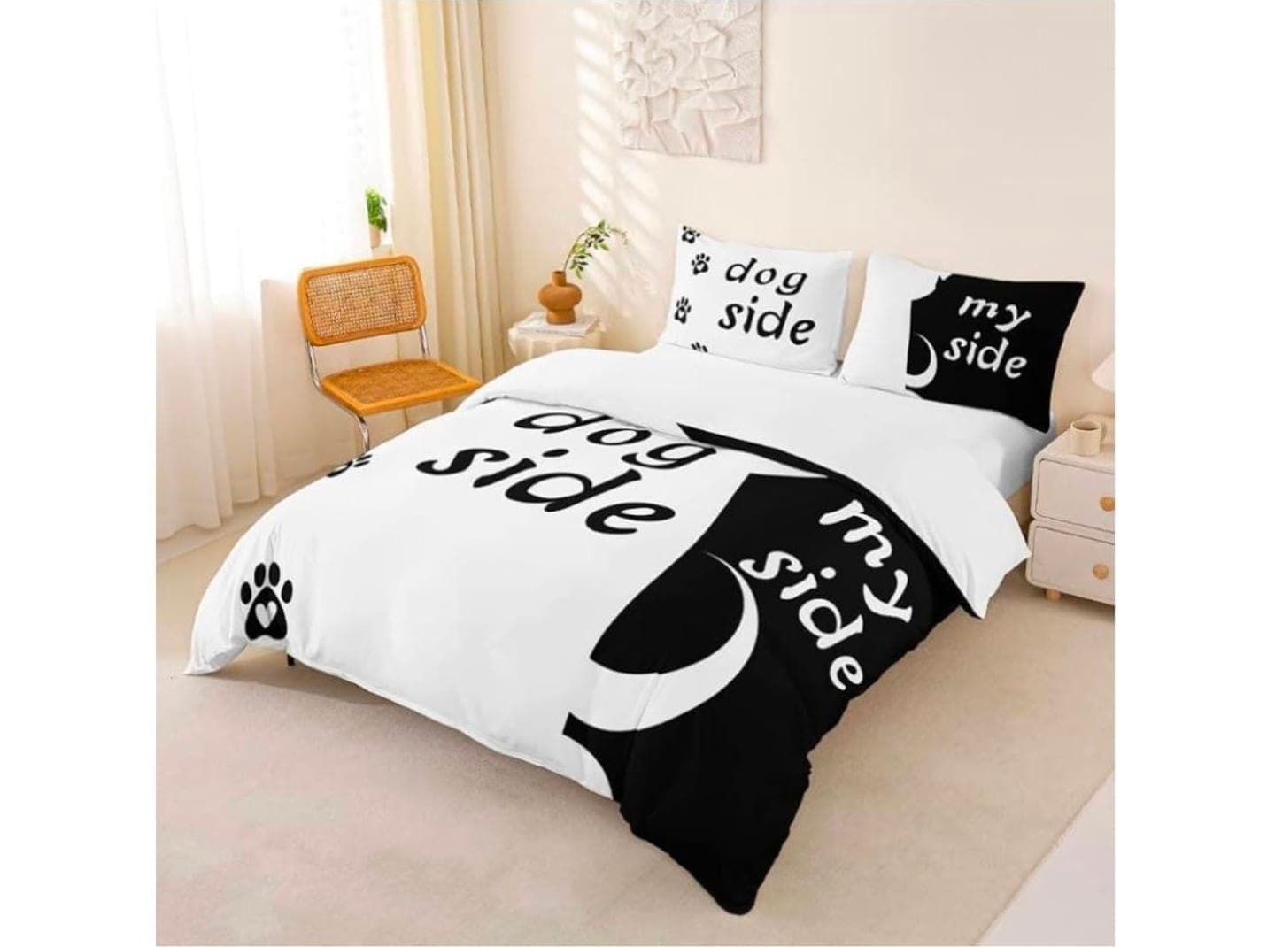 Juego de ropa de cama Queen de 3 piezas con diseño divertido de perro, gato y lados de la cama